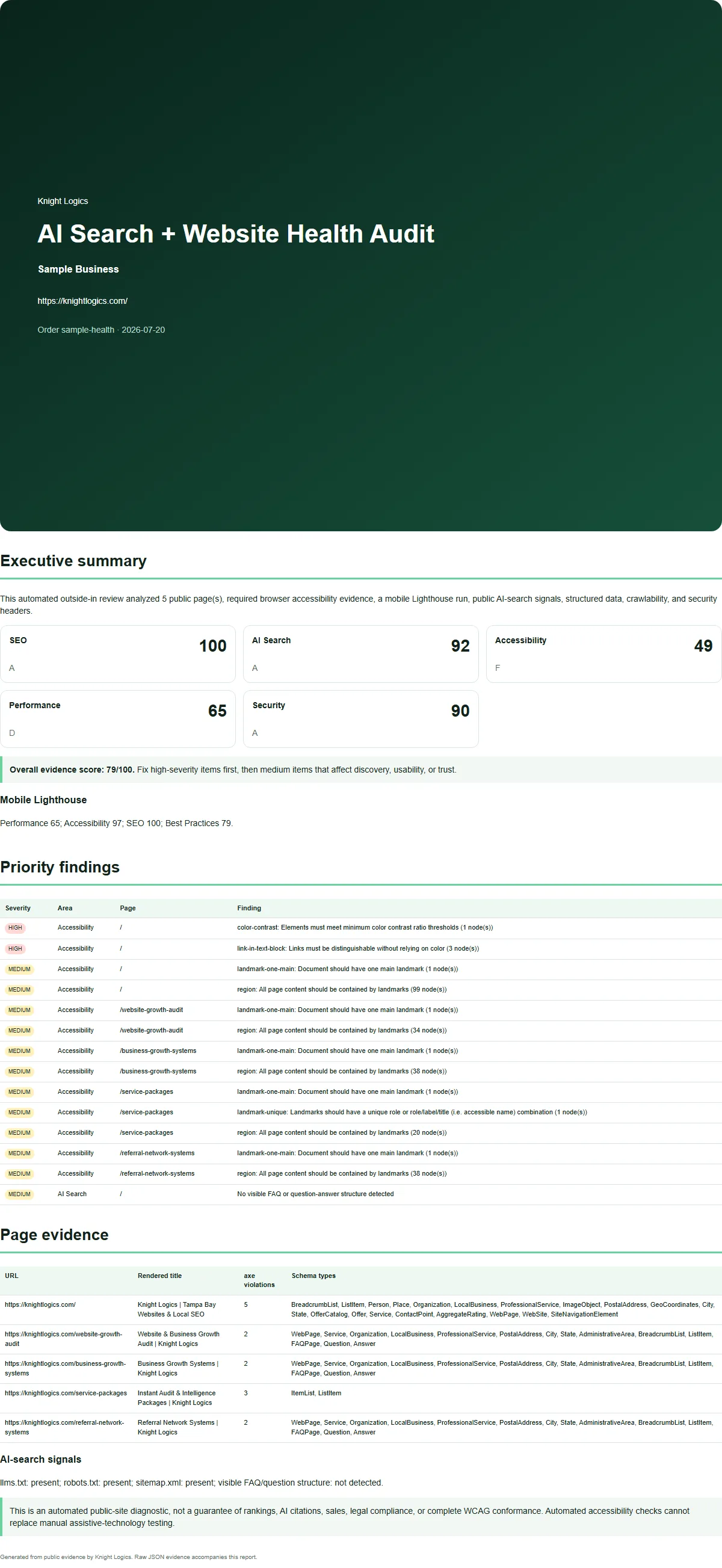 Full Website Health Audit PDF report — knightlogics.com sample