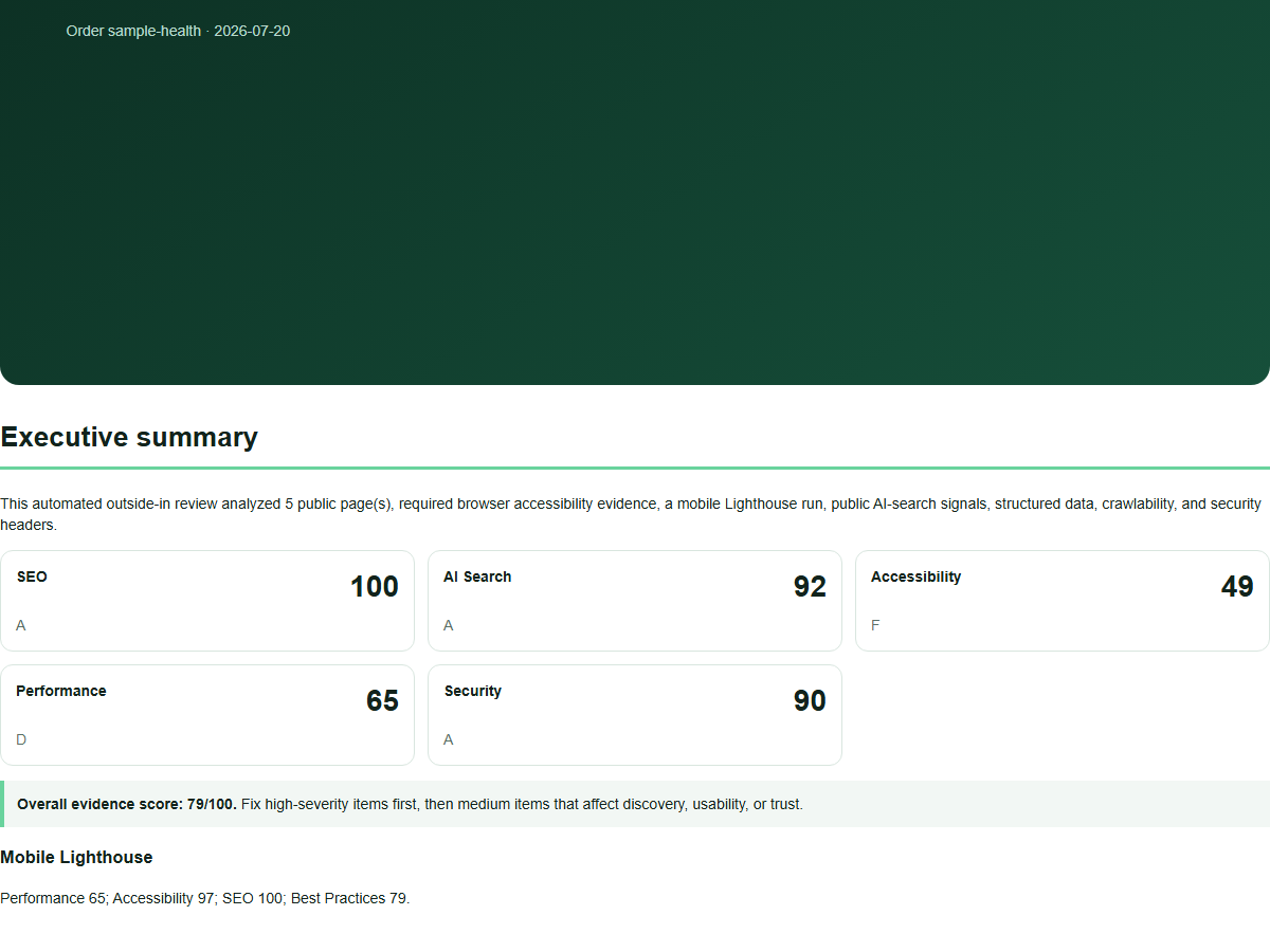 Category score cards from Lighthouse and audit areas