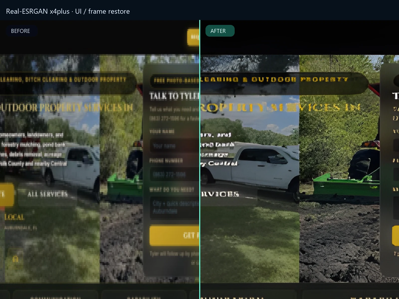 Real-ESRGAN x4plus before and after — soft UI frame vs restored export