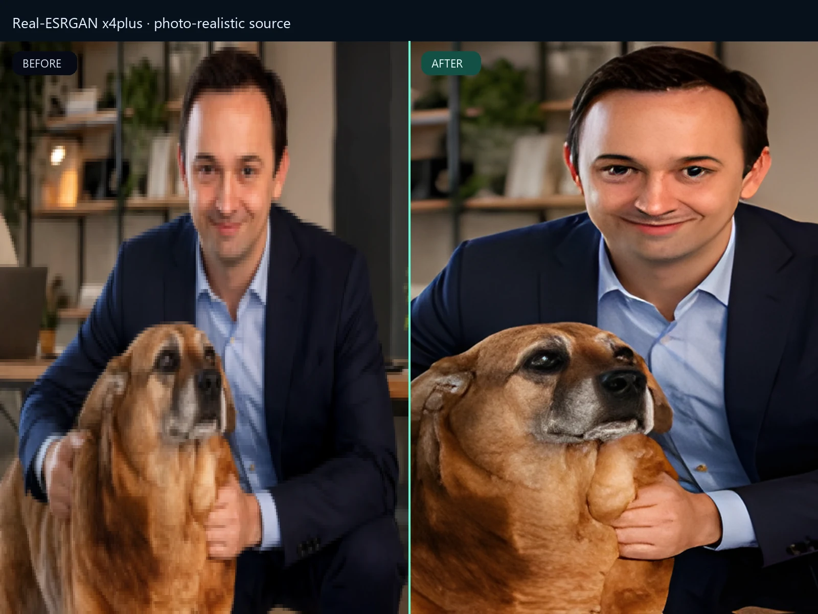 Real-ESRGAN x4plus photo-realistic before and after still
