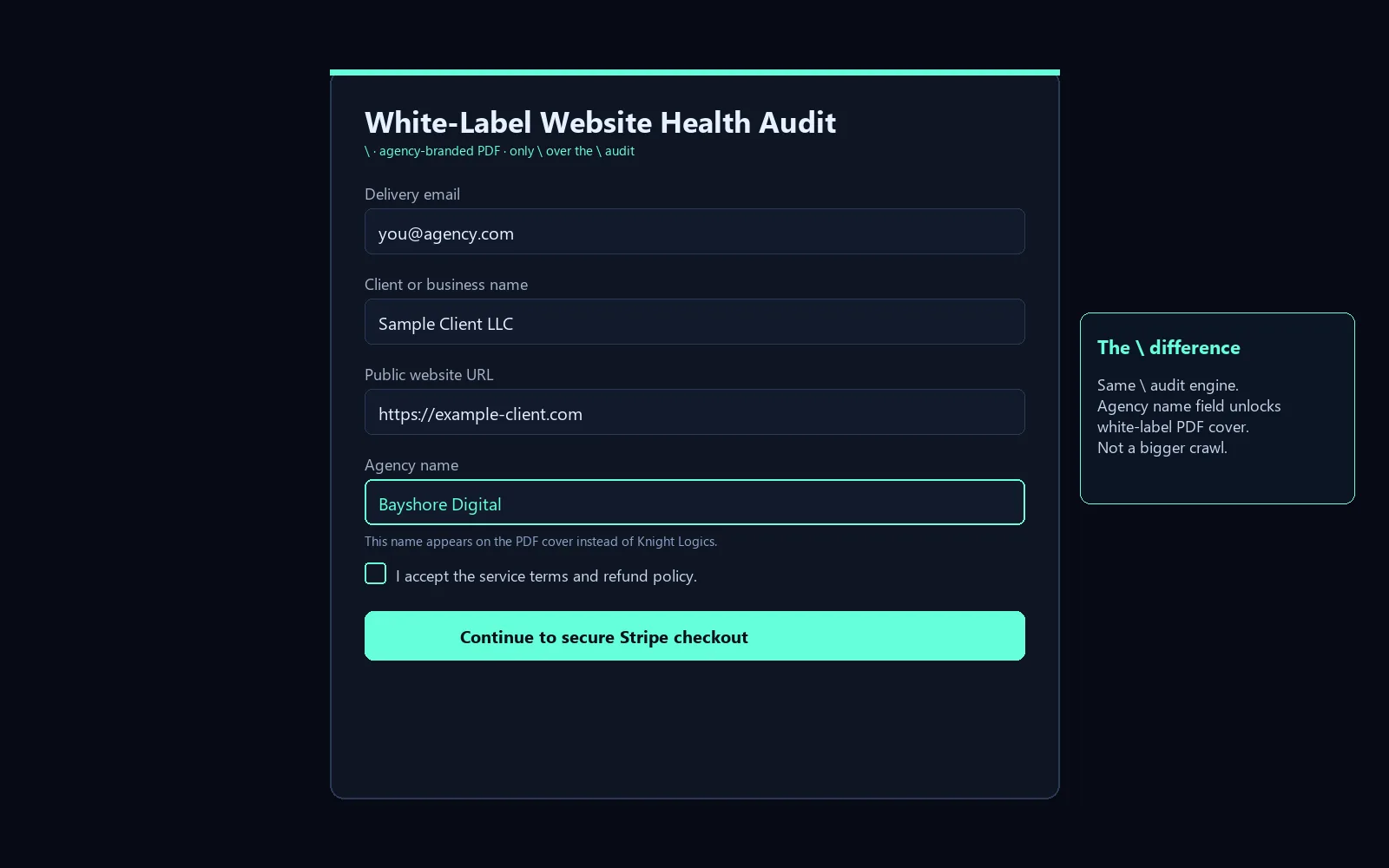White-label checkout form highlighting the Agency name field that prints on the PDF cover
