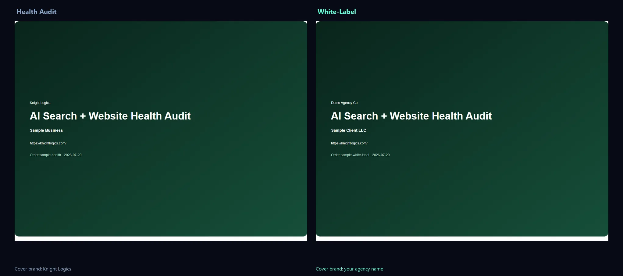 Side-by-side PDF covers: Knight Logics $39 brand versus Demo Agency Co white-label brand