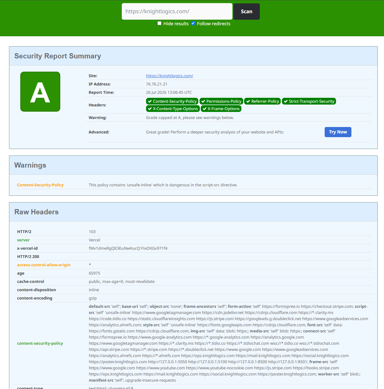 securityheaders.com report for knightlogics.com showing the public security headers grade