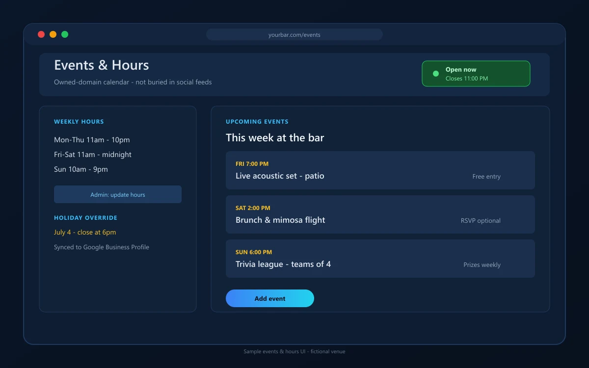 Pattern illustration — fictional restaurant events and hours mockup, not live client UI