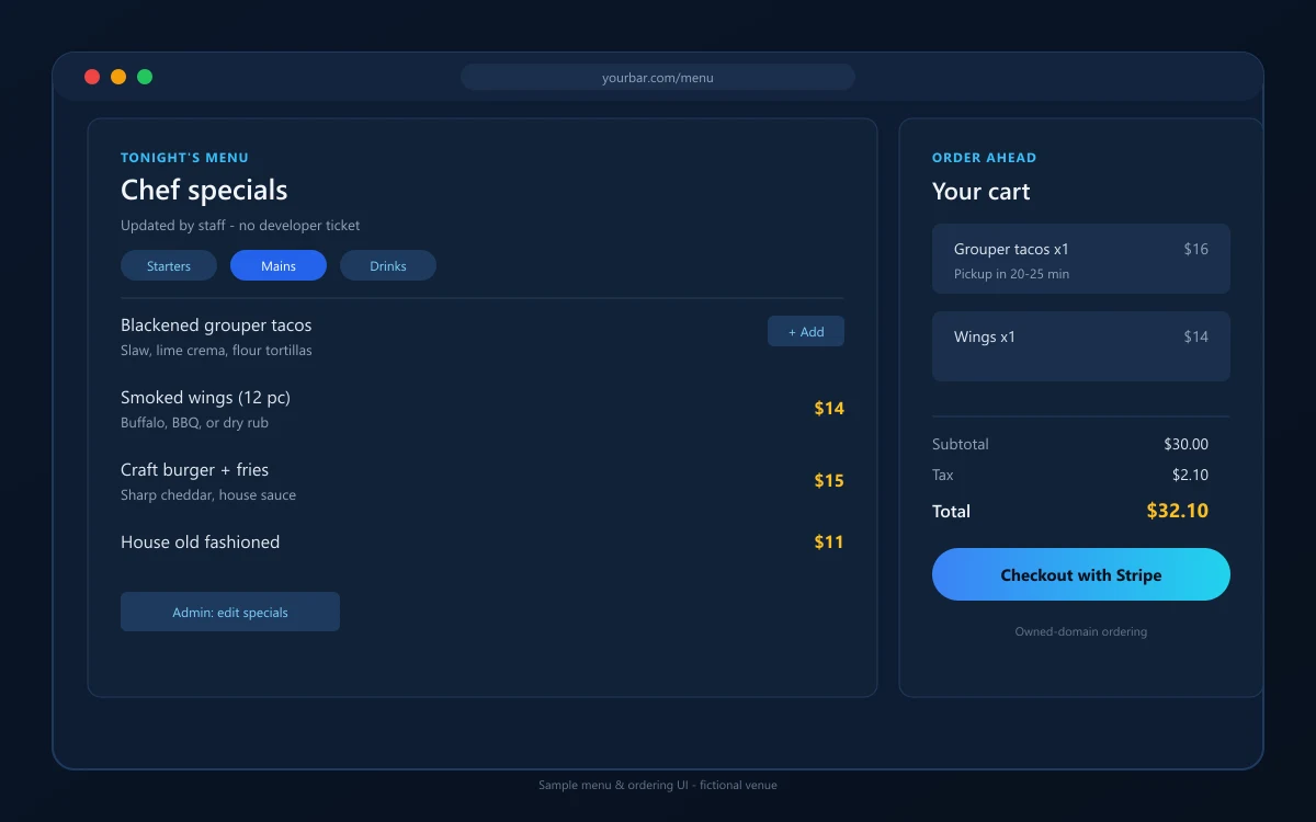 Illustration of admin-editable menu specials and order-ahead checkout