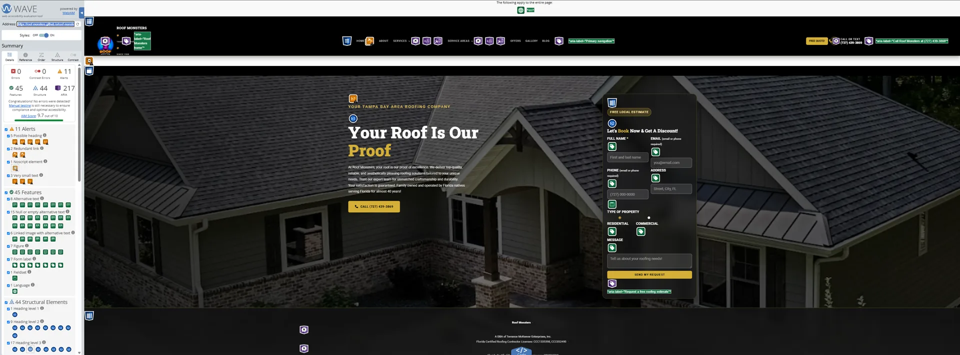 Roof Monsters homepage — estimate-first roofing growth site