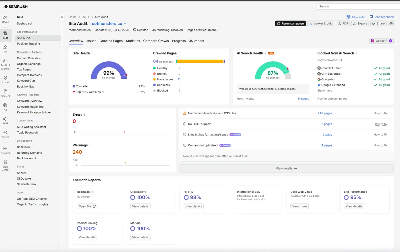 Roof Monsters Semrush site health 99 percent