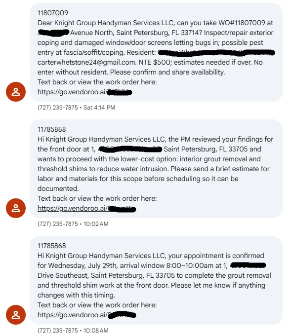 Vendoroo SMS work orders to Knight Group — estimate requests and appointment confirmations from one portal client